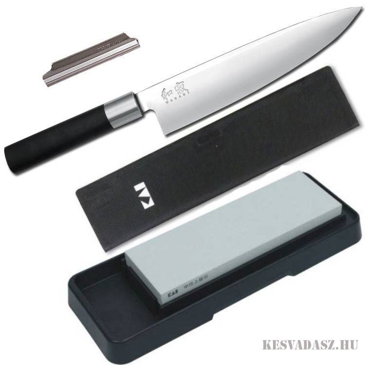 KAI Wasabi Black szakácskés pengevédővel és fenőkővel KAI Wasabi Black szakácskés pengevédővel és fenőkővel