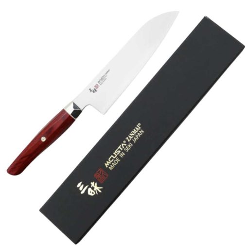 Mcusta Zanmai Revolution Santoku szakácskés, 18 cm penge, vörös pakkafa